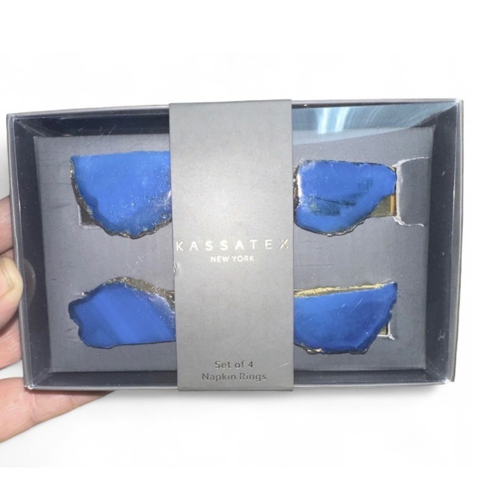 Kassatex New York‎ Blue Agate Napkin Rings Set of 4 Gold Trim Luxury